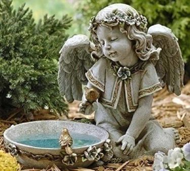 Joseph Studio Tall Angel Sitting By a Solar Powered Bird Bath